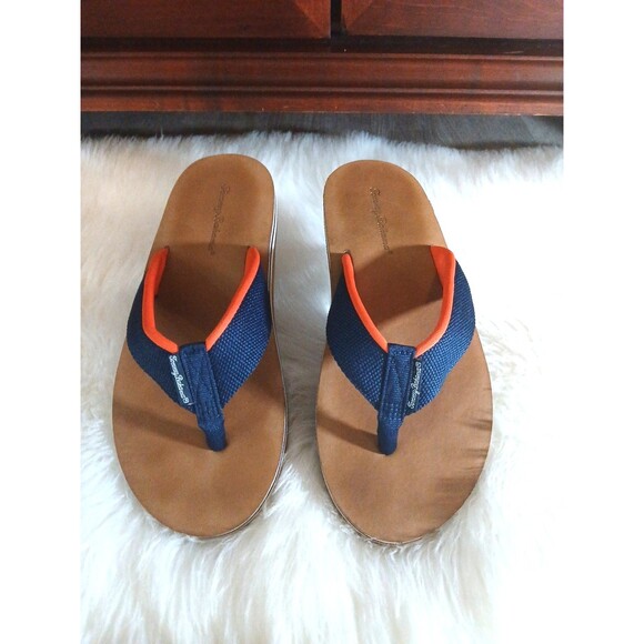 TOMMY BAHAMA KEHNAN MEN'S SIZE 9 NAVY/ORANGE CANVAS FLIP FLOPS - Picture 2 of 10